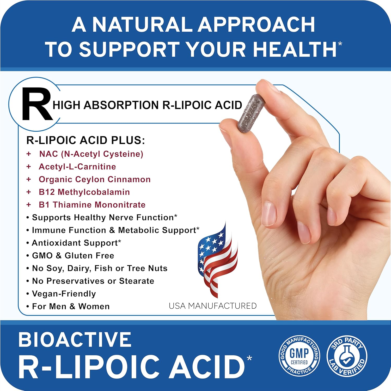 High Absorption R-Lipoic Acid Capsules for Nerve Health & Healthy Aging - Vegan 60ct - Supports Cardiovascular Health & Wellbeing