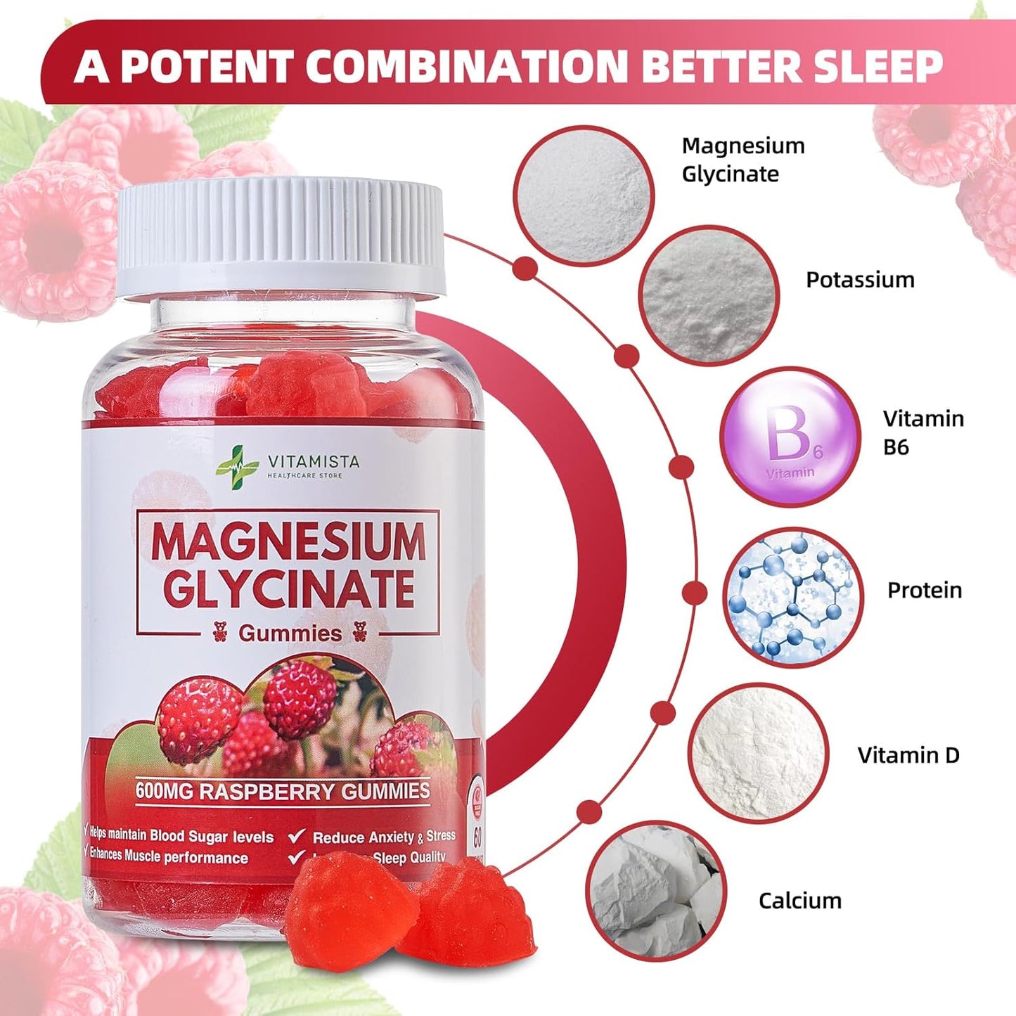 High Absorption Raspberry Flavored Magnesium Glycinate Gummies - 600mg for Stress Relief, Sleep, Muscle Recovery - Non-GMO Supplement for Adults - 60 Count - BoostGo Australia