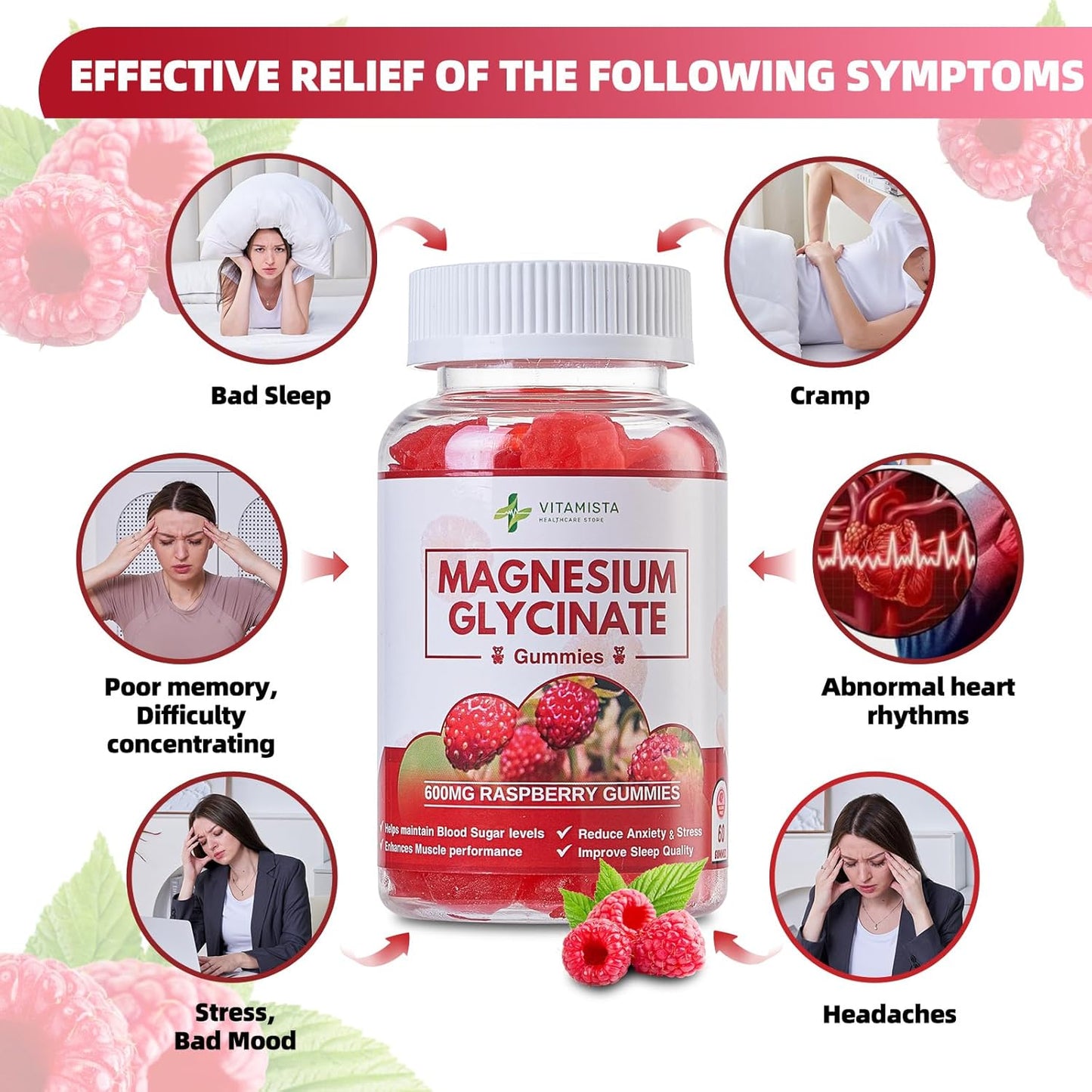 High Absorption Raspberry Flavored Magnesium Glycinate Gummies - 600mg for Stress Relief, Sleep, Muscle Recovery - Non-GMO Supplement for Adults - 60 Count - BoostGo Australia