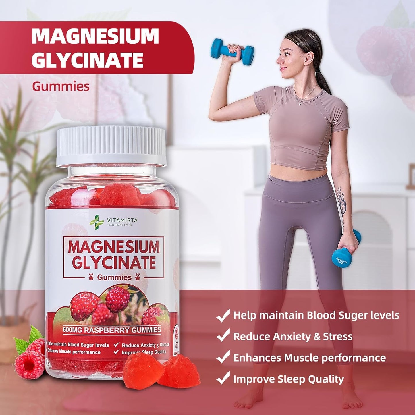 High Absorption Raspberry Flavored Magnesium Glycinate Gummies - 600mg for Stress Relief, Sleep, Muscle Recovery - Non-GMO Supplement for Adults - 60 Count - BoostGo Australia