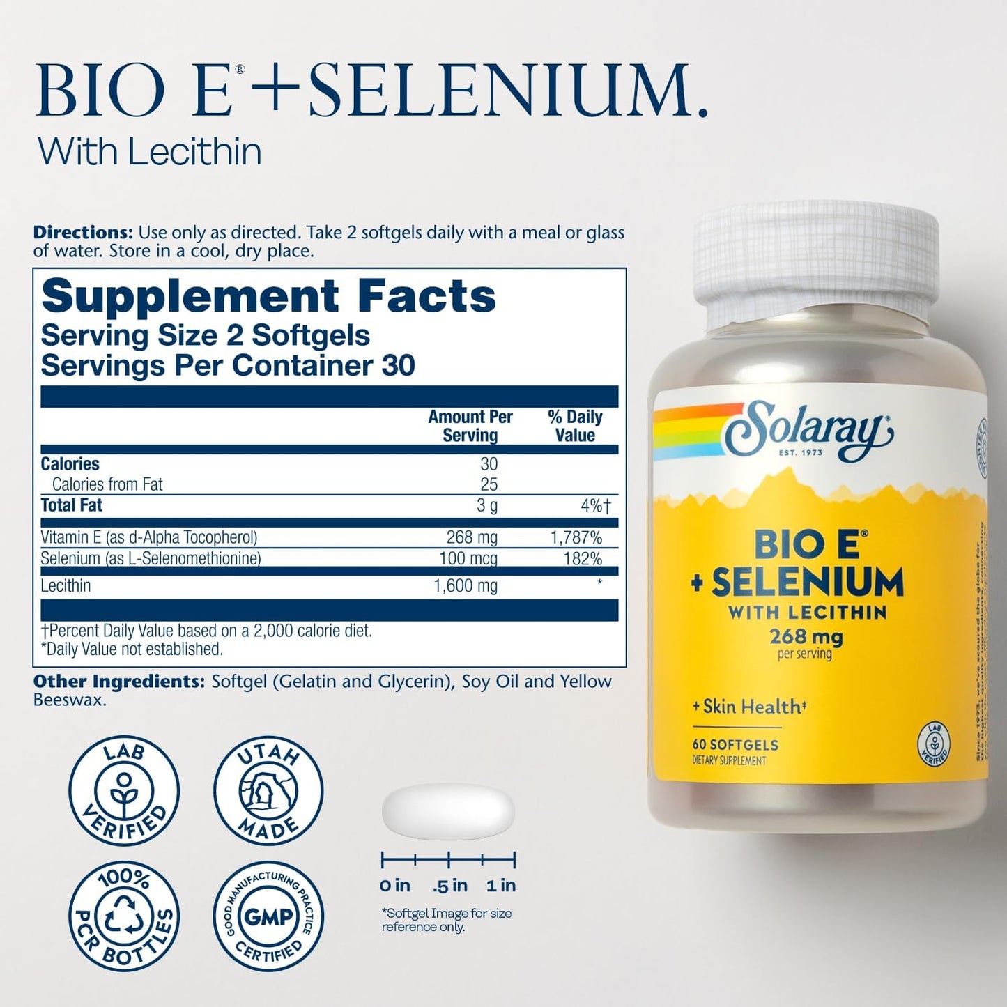 High Absorption Solaray Bio Vitamin E with Selenium 400IU for Healthy Heart, Antioxidant Activity, and Skin Support - 120 Softgels