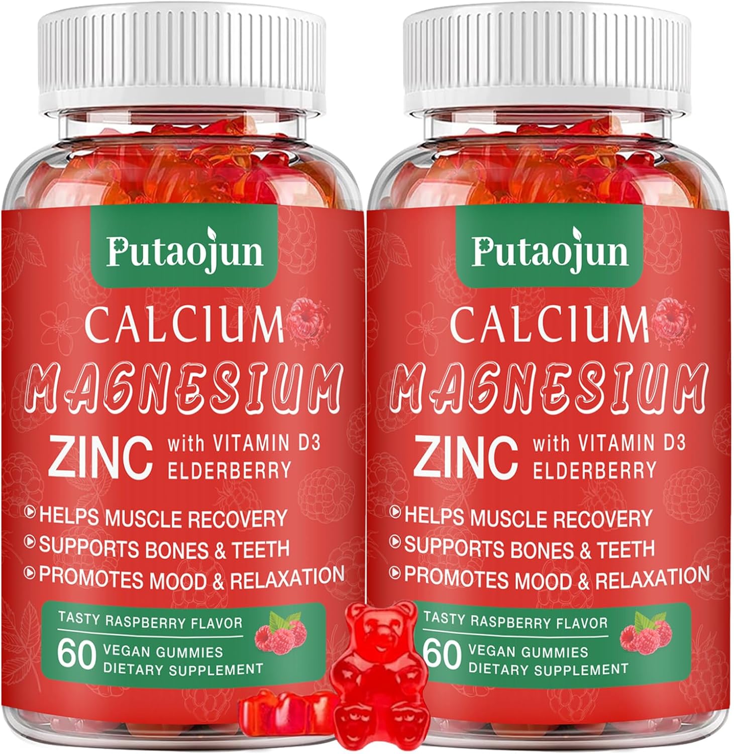 High Absorption Sugar-Free Calcium Magnesium Zinc Gummies with Vitamin D3 - Vegan Raspberry Supplement for Bone and Muscle Strength - 2 Pack
