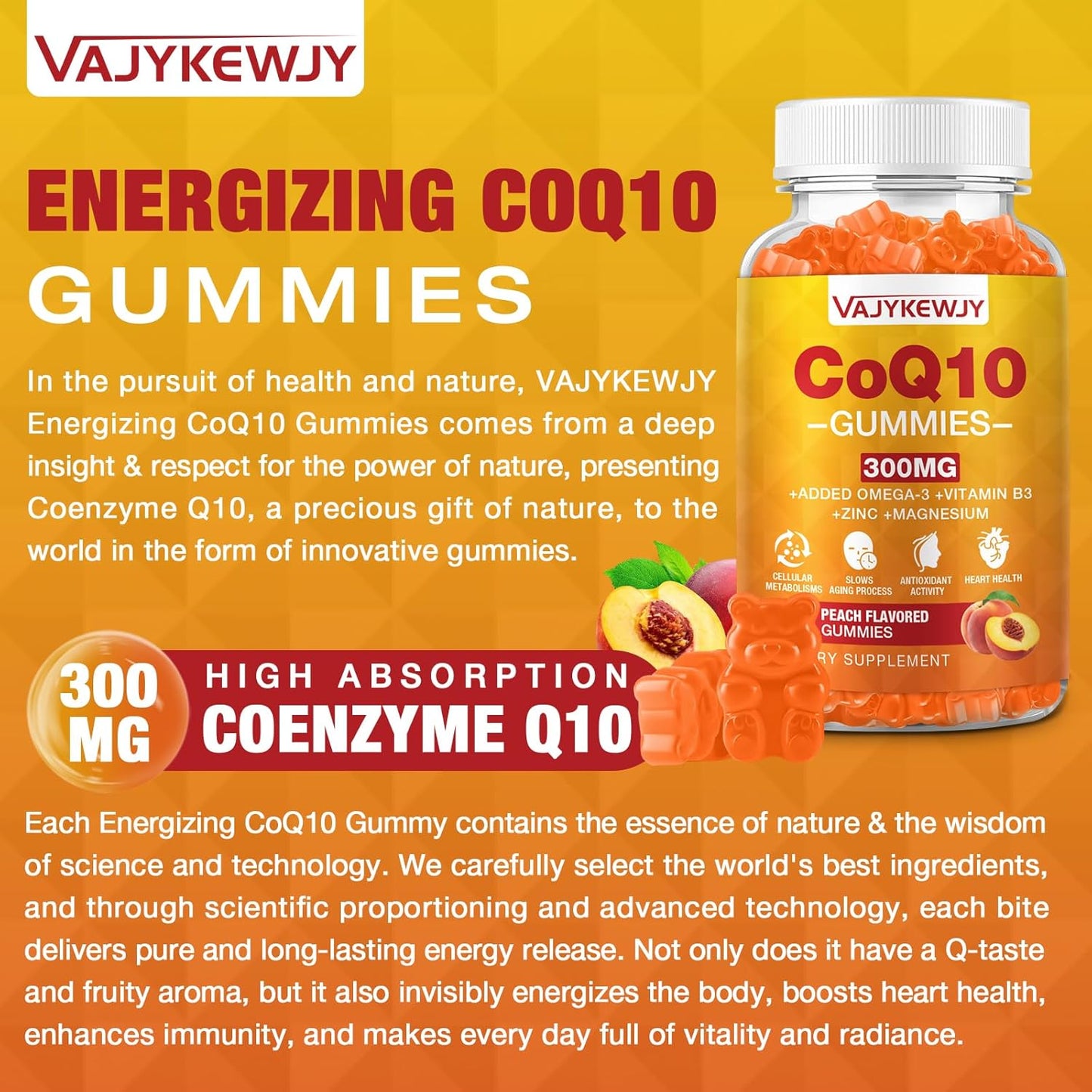 High Absorption Sugar-Free CoQ10 Gummies 3000 mg with Omega-3, Vitamin B3 & Zinc - Vegan Antioxidant Support Supplement for Cellular Energy - 60 Count