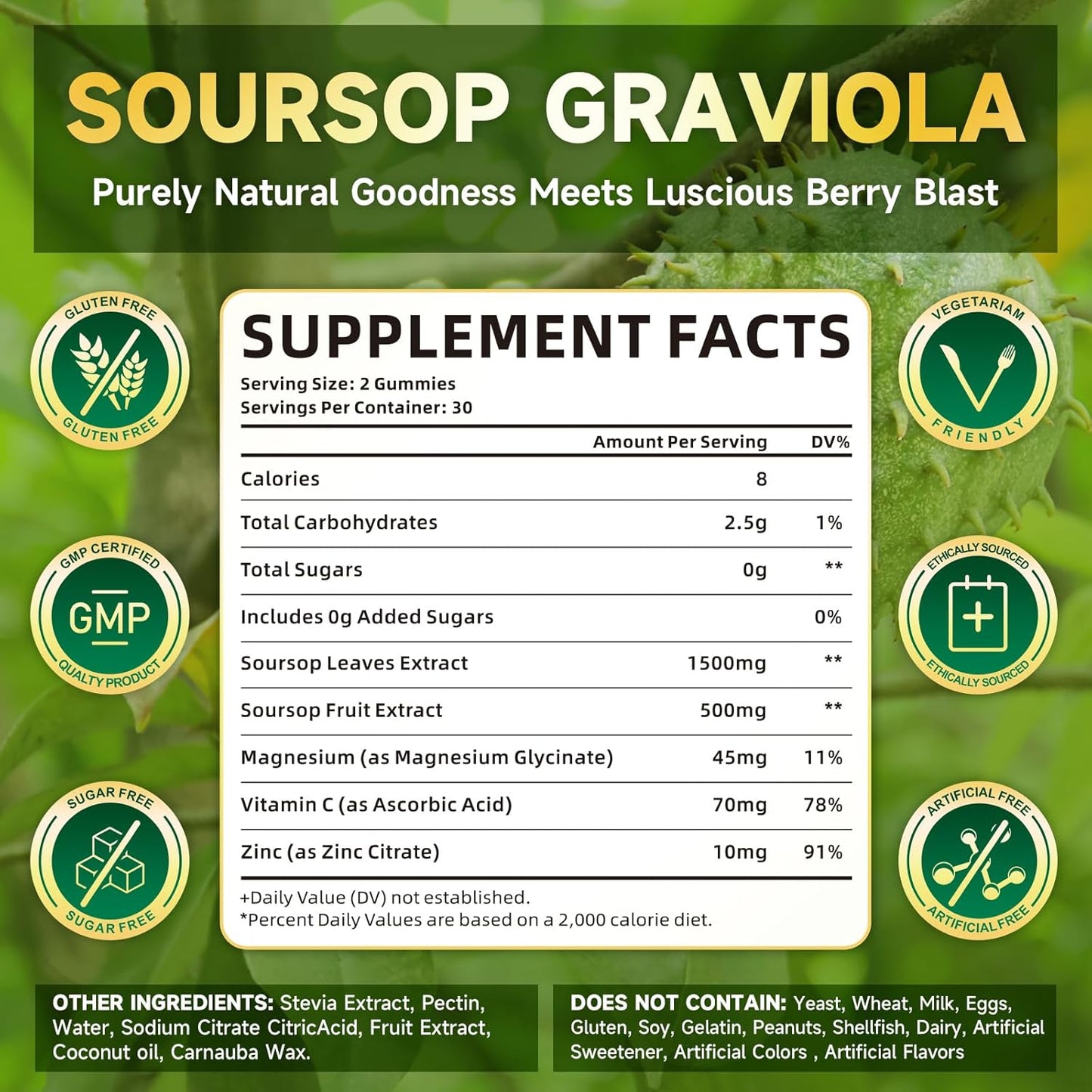 High-Absorption Sugar-Free Soursop Gummies with Vitamin C & Zinc - 2000mg Soursop Extract for Cell Support, Immunity & Antioxidant - Vegan Berry Flavor - 120 Count