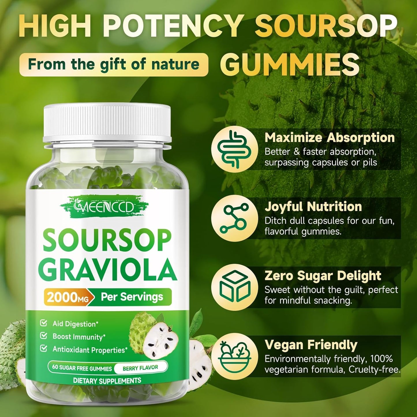 High-Absorption Sugar-Free Soursop Gummies with Vitamin C & Zinc - 2000mg Soursop Extract for Cell Support, Immunity & Antioxidant - Vegan Berry Flavor - 120 Count