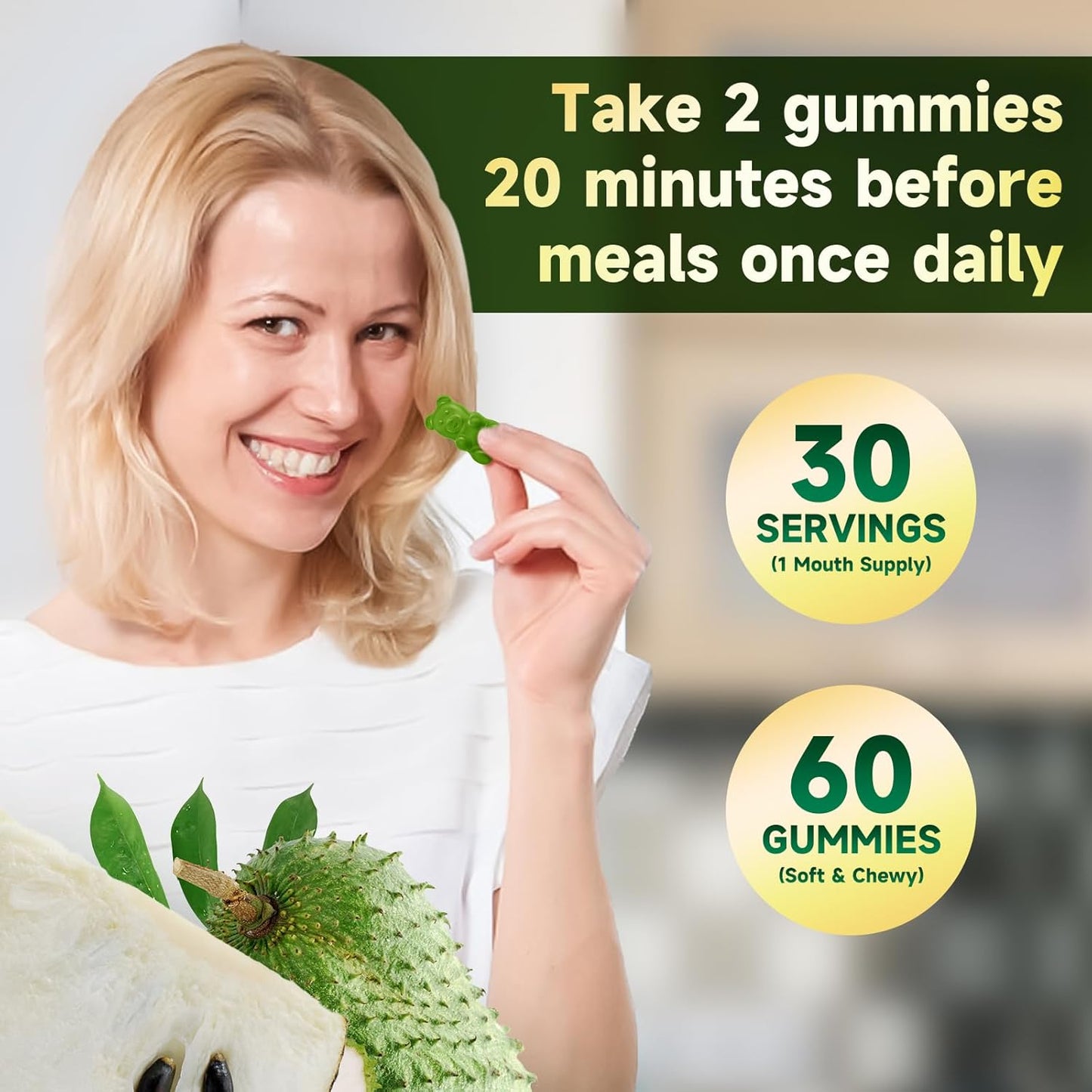High-Absorption Sugar-Free Soursop Gummies with Vitamin C & Zinc - 2000mg Soursop Extract for Cell Support, Immunity & Antioxidant - Vegan Berry Flavor - 120 Count