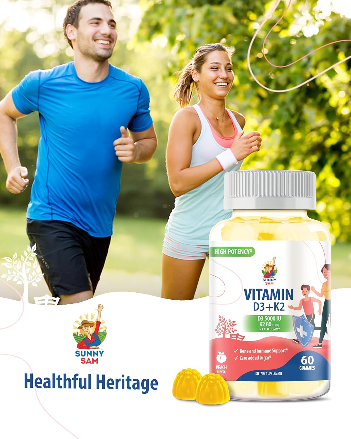 High-Absorption Sugar-Free Vitamin D3 K2 Gummies 5000 IU for Immune & Bone Support - Vegan, Halal, Gluten-Free Chewables