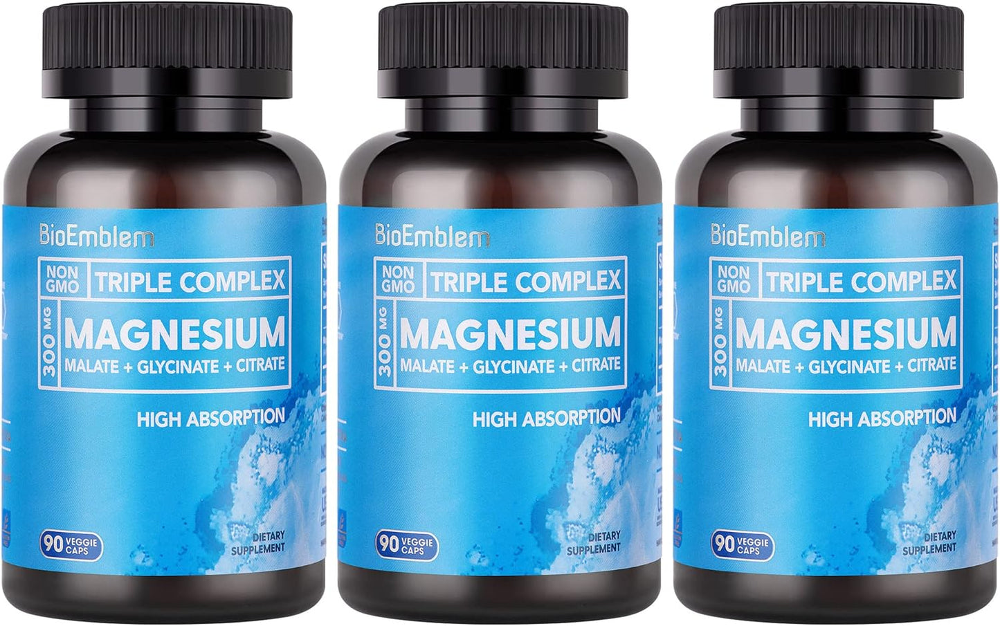 High Absorption Triple Magnesium Complex 300mg | Magnesium Glycinate, Malate Supplement for Nerves, Energy & Muscle Health | Vegan, Non-GMO 270 Capsules