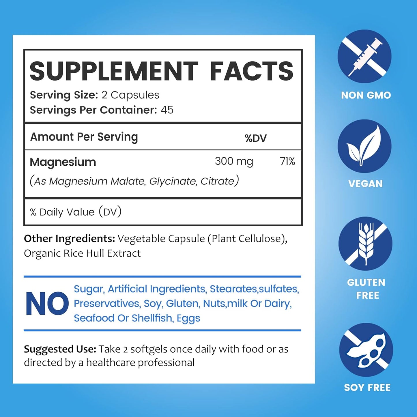 High Absorption Triple Magnesium Complex 300mg | Magnesium Glycinate, Malate Supplement for Nerves, Energy & Muscle Health | Vegan, Non-GMO 270 Capsules