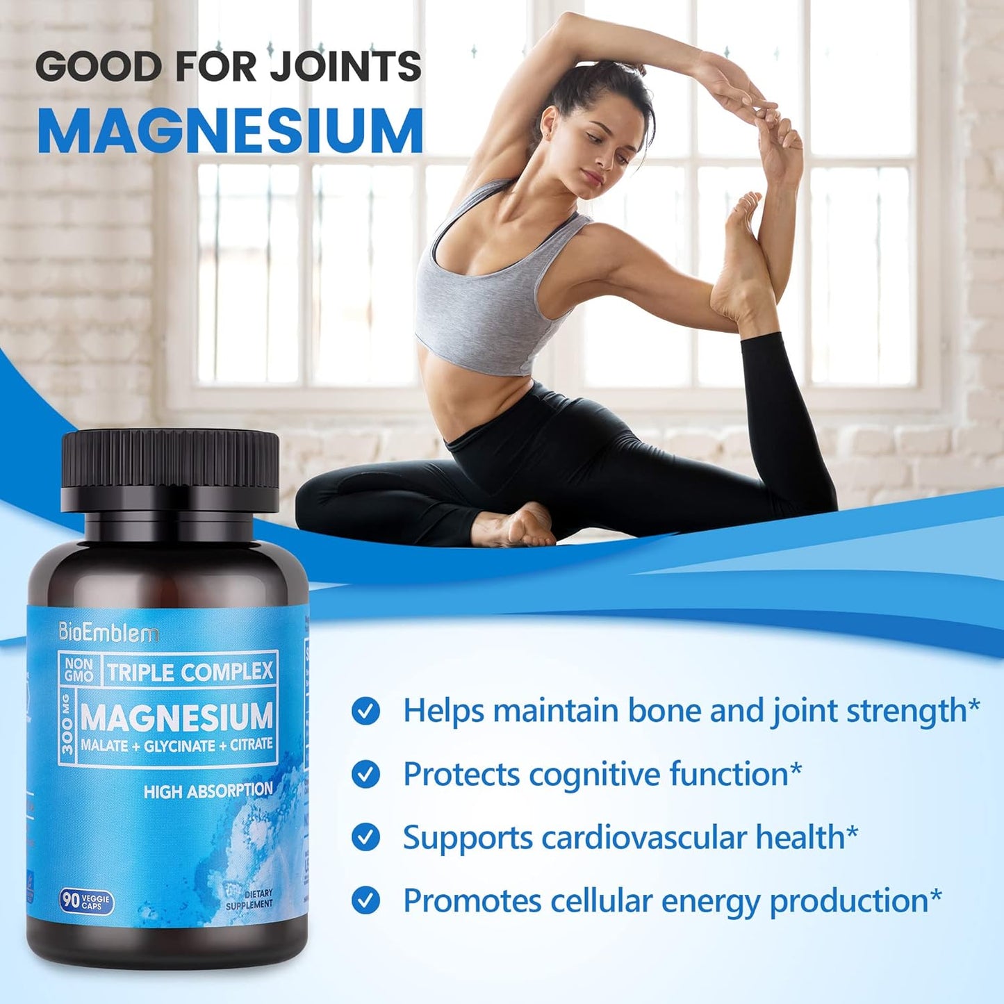 High Absorption Triple Magnesium Complex 300mg | Magnesium Glycinate, Malate Supplement for Nerves, Energy & Muscle Health | Vegan, Non-GMO 270 Capsules