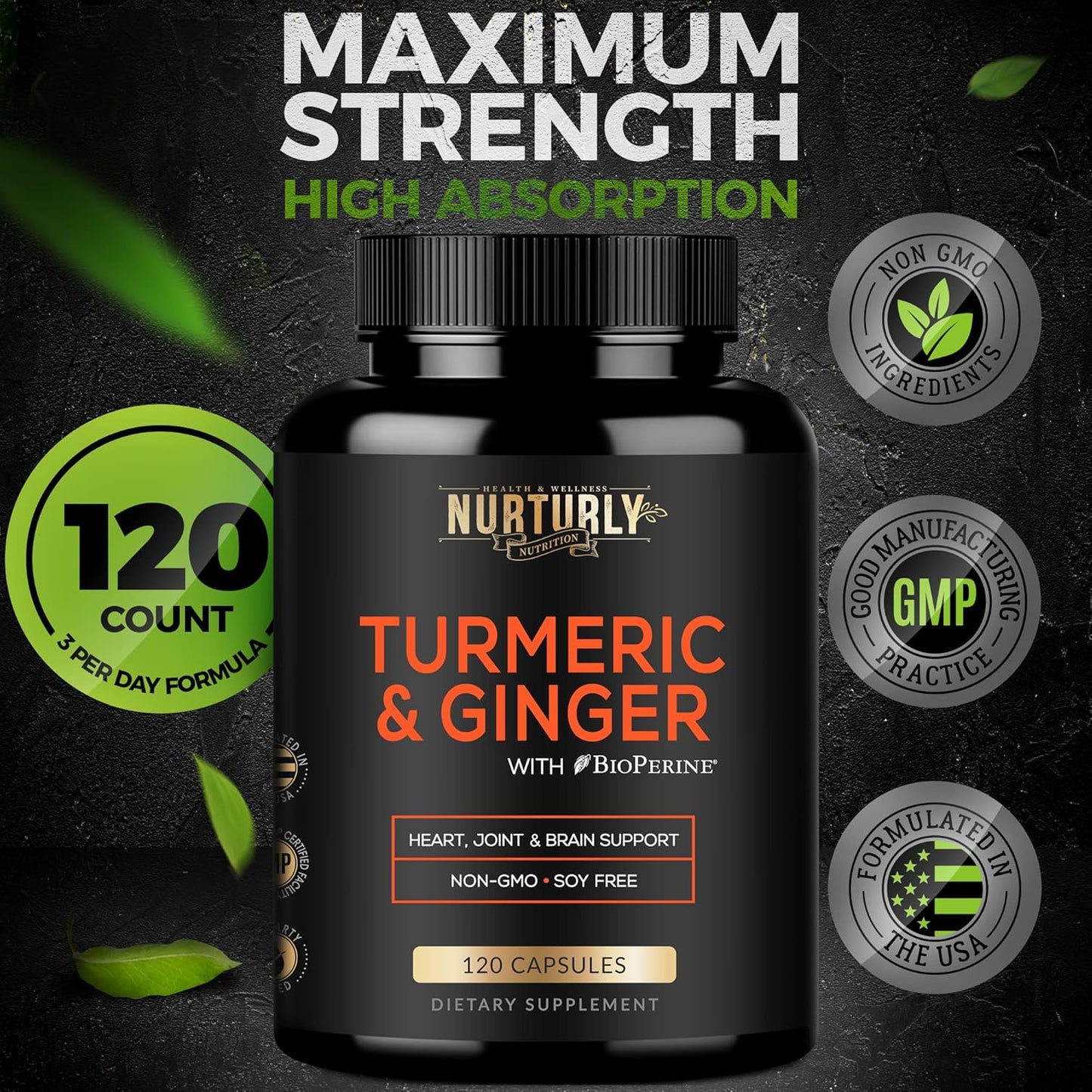 High Absorption Turmeric Curcumin Supplement with BioPerine, Ginger & Black Pepper - 95% Curcuminoids - 120 Capsules - Heart Health Support - Non-GMO, Gluten Free
