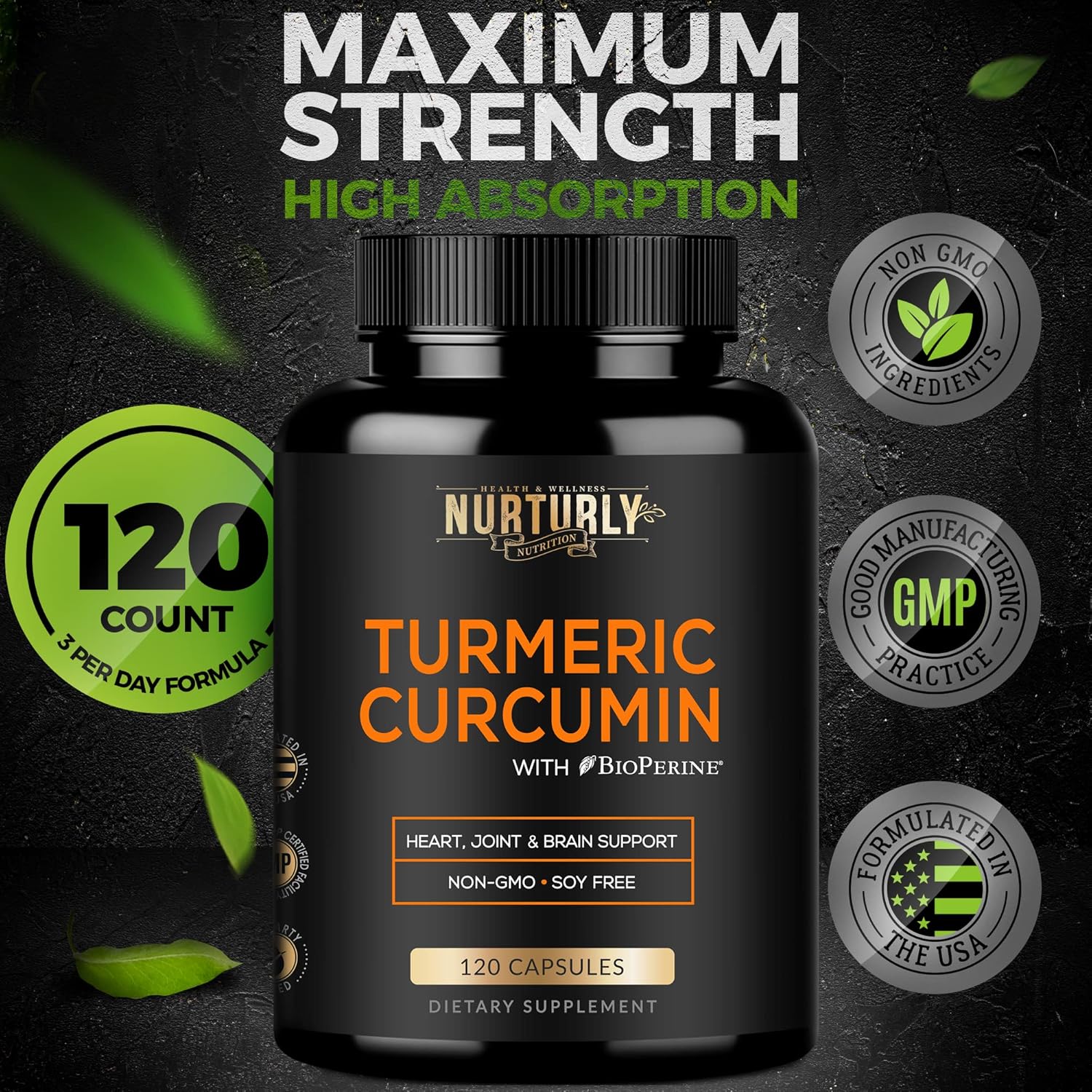 High Absorption Turmeric Curcumin with BioPerine Black Pepper - 95% Curcuminoids - 1300mg - 120 Capsules - Non-GMO, Gluten Free - Heart Health Support