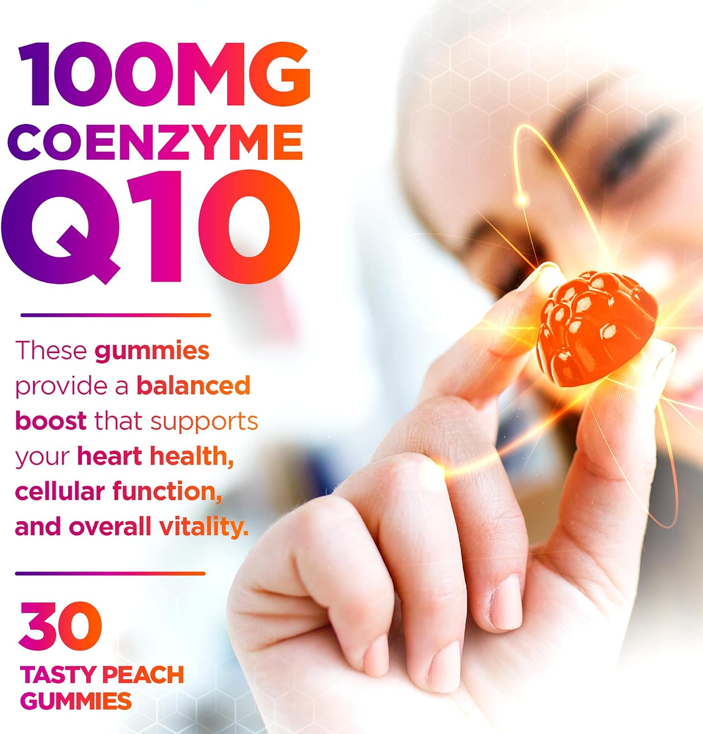 High Absorption Vegan CoQ10 Gummies - 100mg Heart Health & Energy Support - Tasty Peach Flavor - 30 Gummies