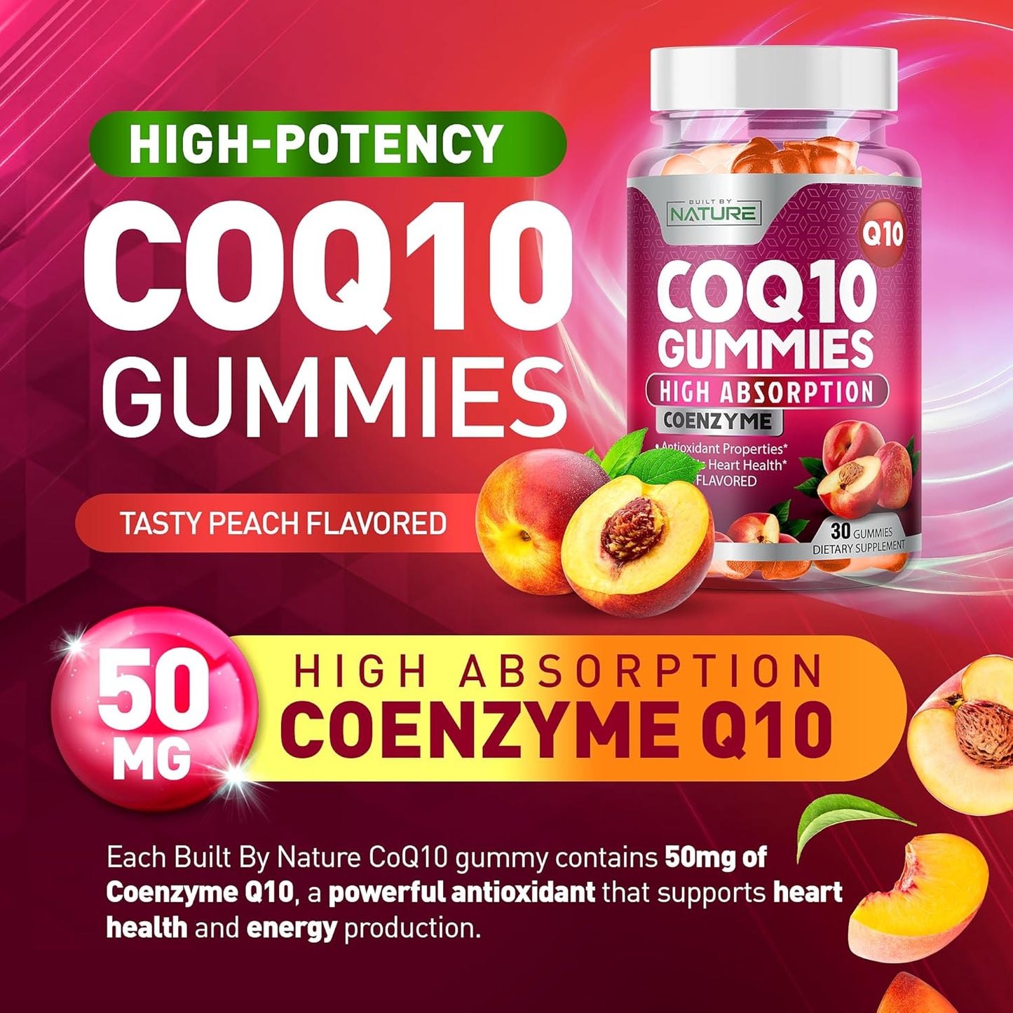 High Absorption Vegan CoQ10 Gummies - 100mg Heart Health & Energy Support - Tasty Peach Flavor - 30 Gummies
