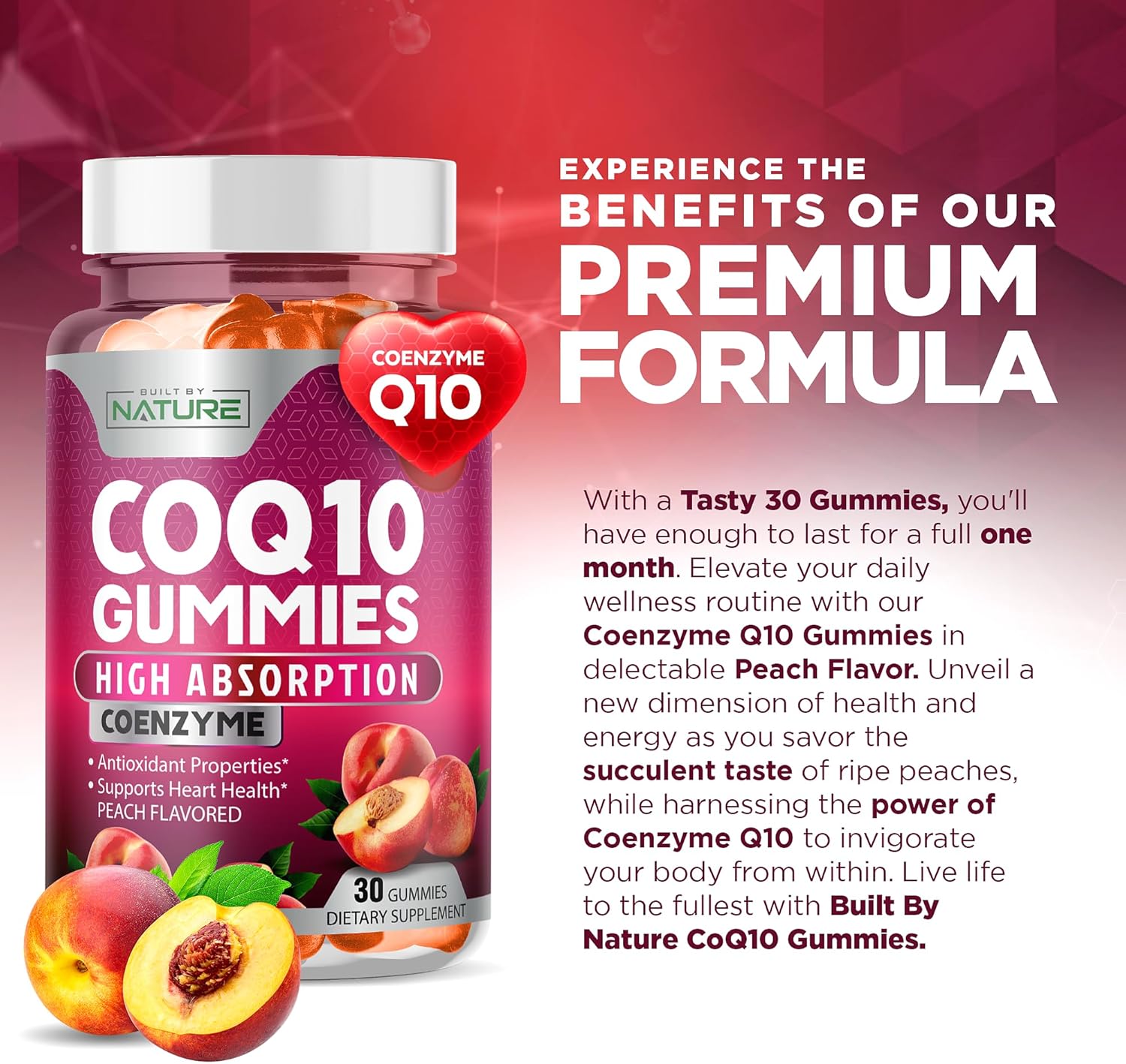 High Absorption Vegan CoQ10 Gummies - 100mg Heart Health & Energy Support - Tasty Peach Flavor - 30 Gummies