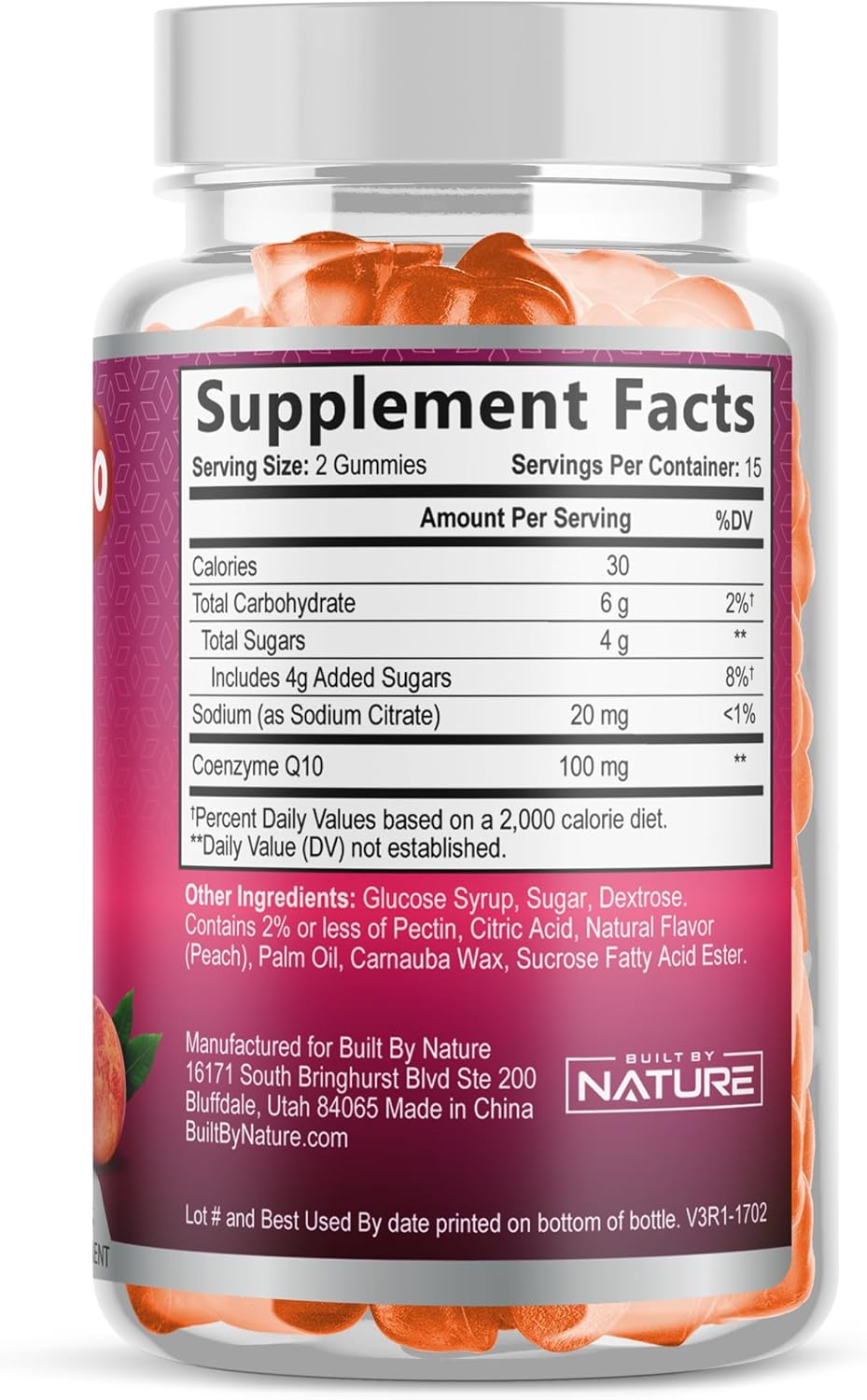 High Absorption Vegan CoQ10 Gummies - 100mg Heart Health & Energy Support - Tasty Peach Flavor - 30 Gummies