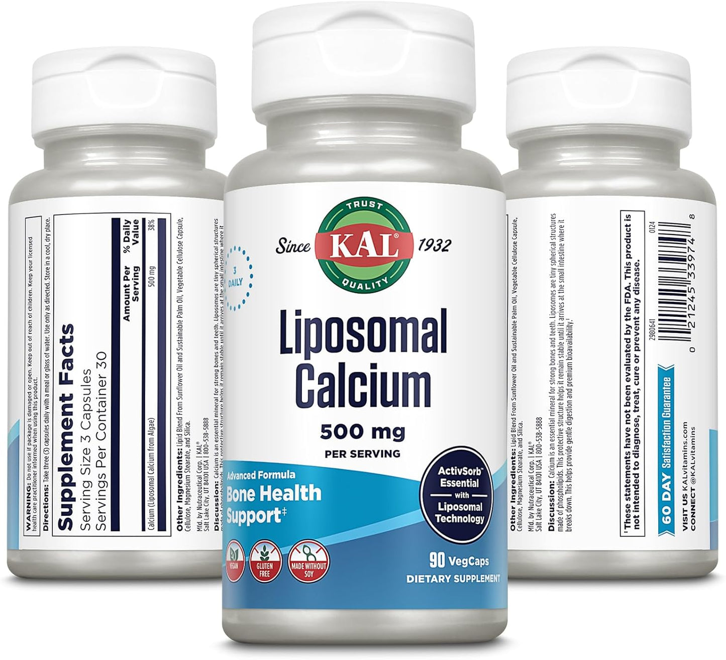 High Absorption Vegan Liposomal Calcium Supplement - 500 mg, Gluten Free, Soy Free, 90 VegCaps, 30 Servings for Essential Calcium Support