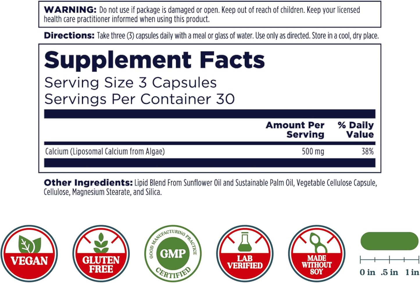High Absorption Vegan Liposomal Calcium Supplement - 500 mg, Gluten Free, Soy Free, 90 VegCaps, 30 Servings for Essential Calcium Support