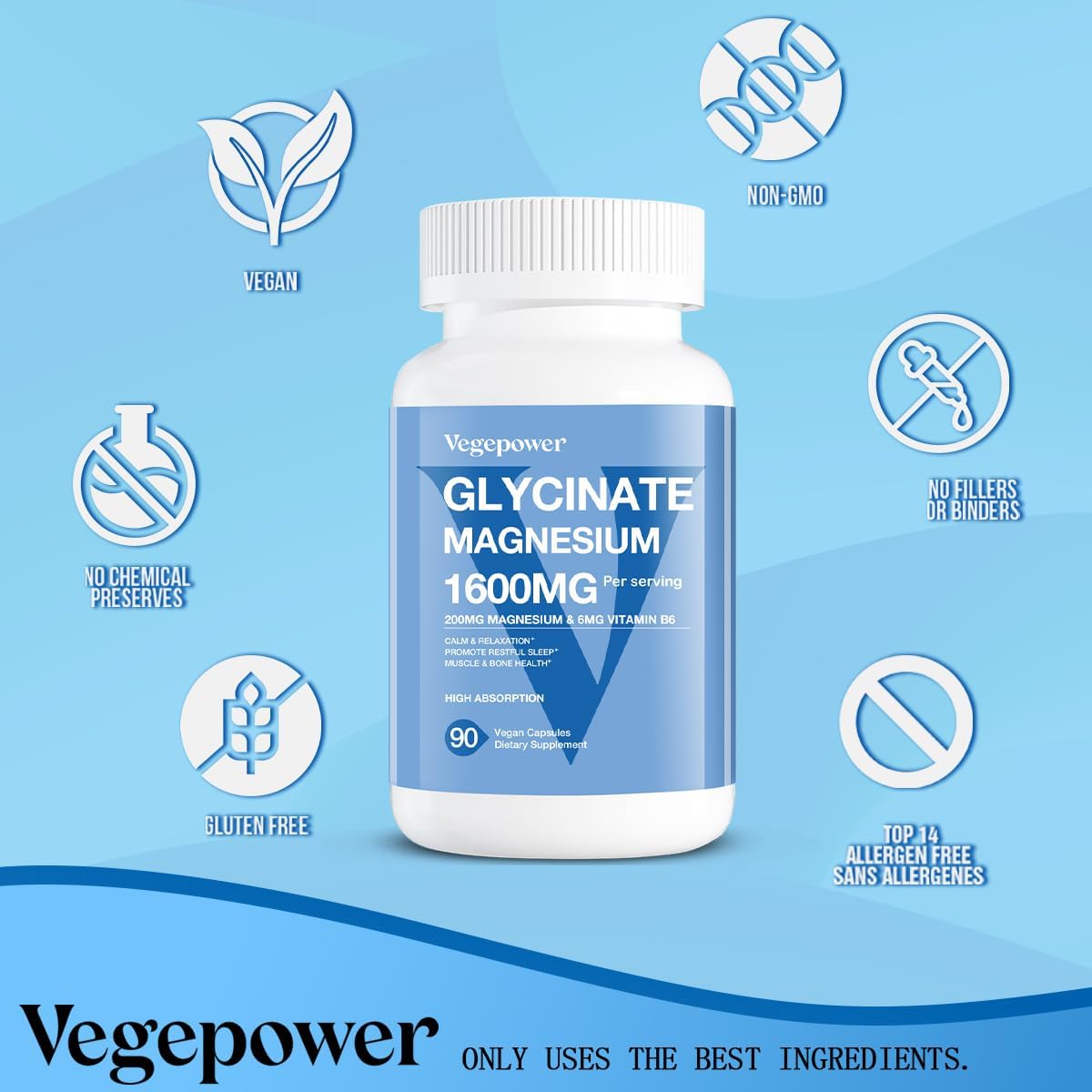 High Absorption VEGEPOWER Magnesium Glycinate Supplements with Vitamin B6, Zinc, and D3 - 1600mg Chelated Magnesium for Sleep, Muscle, Bone, Immune Health - Vegan, Non-GMO - 90 Capsules