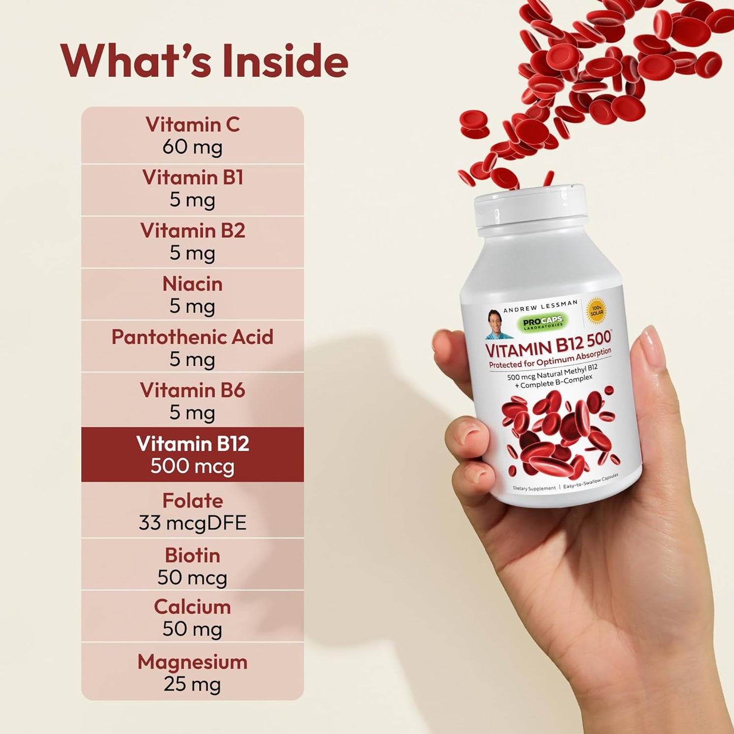 High Absorption Vitamin B12 500 - 180 Capsules with Methylcobalamin for Energy and Stress Support, B-Complex Formula, Easy to Swallow