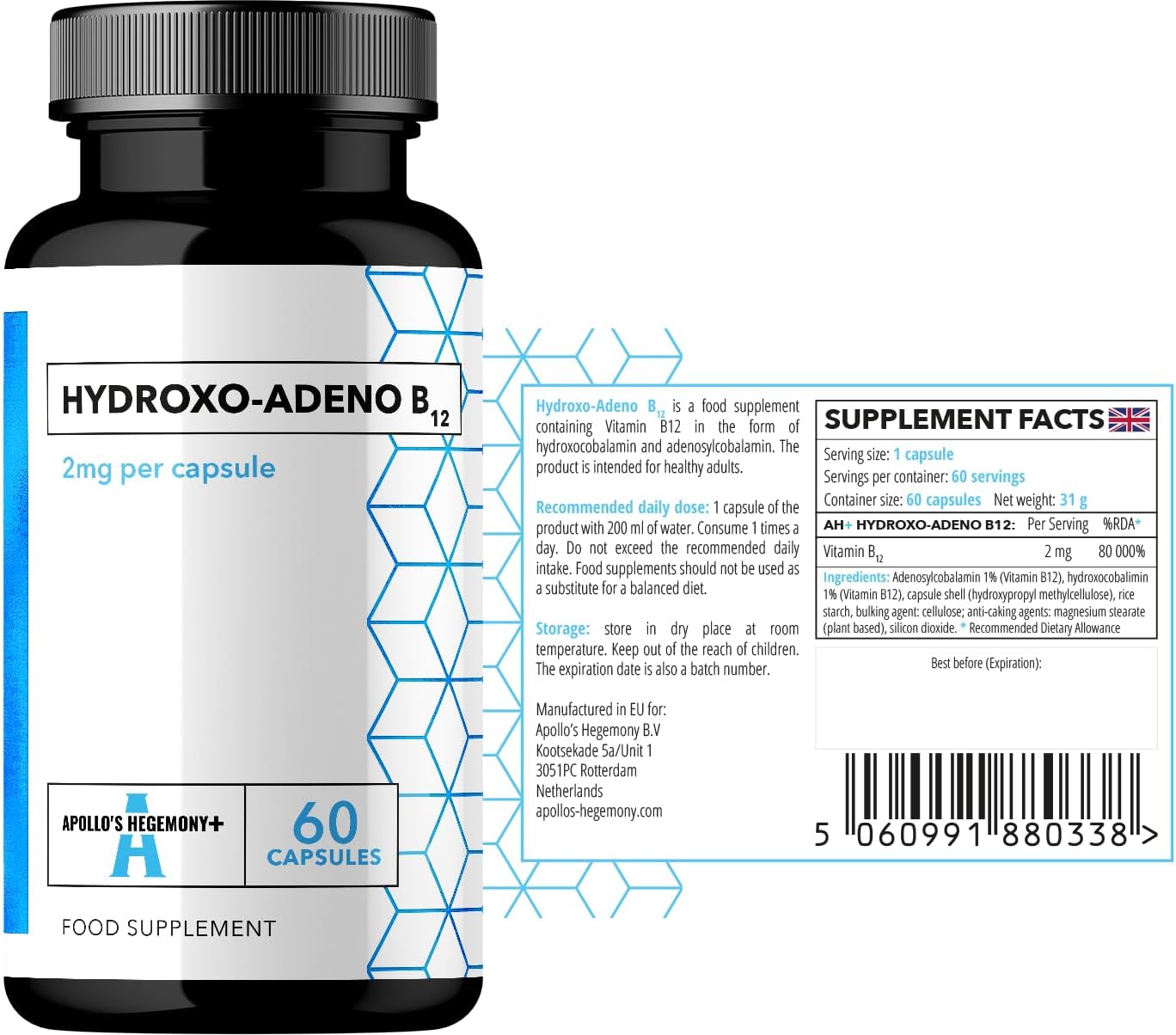 High Absorption Vitamin B12 Capsules - Vegan 2mg Hydroxo-Adeno - 60 Count - 2 Month Supply - Supports Red Blood Cells and Energy