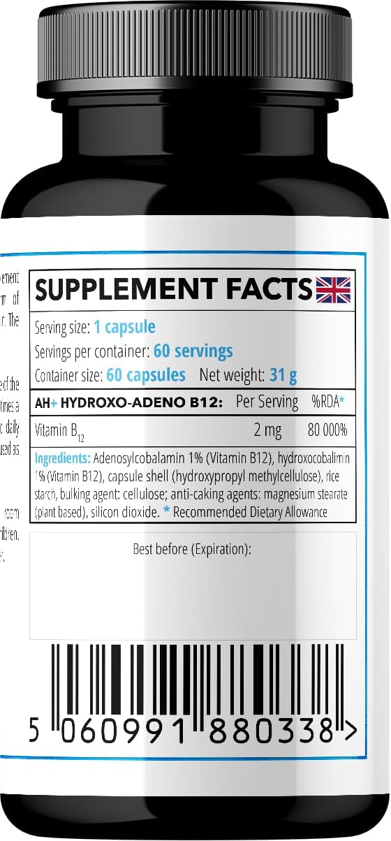 High Absorption Vitamin B12 Capsules - Vegan 2mg Hydroxo-Adeno - 60 Count - 2 Month Supply - Supports Red Blood Cells and Energy