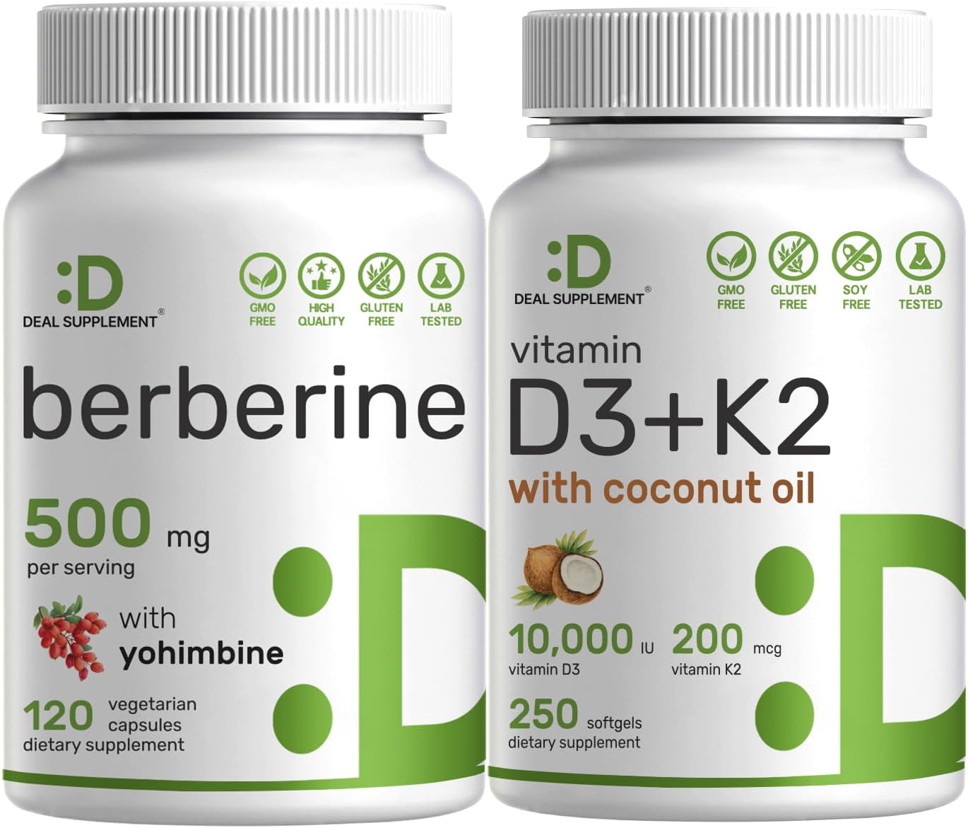 High Absorption Vitamin D3 10,000iu & K2 200mcg Softgels Bundle with Berberine & Yohimbine - Essential Sunshine Vitamins with Coconut Oil - Hydrochloride HCl Forms for Maximum Benefits