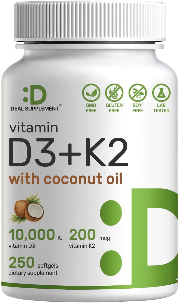 High Absorption Vitamin D3 10,000iu & K2 200mcg Softgels Bundle with Berberine & Yohimbine - Essential Sunshine Vitamins with Coconut Oil - Hydrochloride HCl Forms for Maximum Benefits