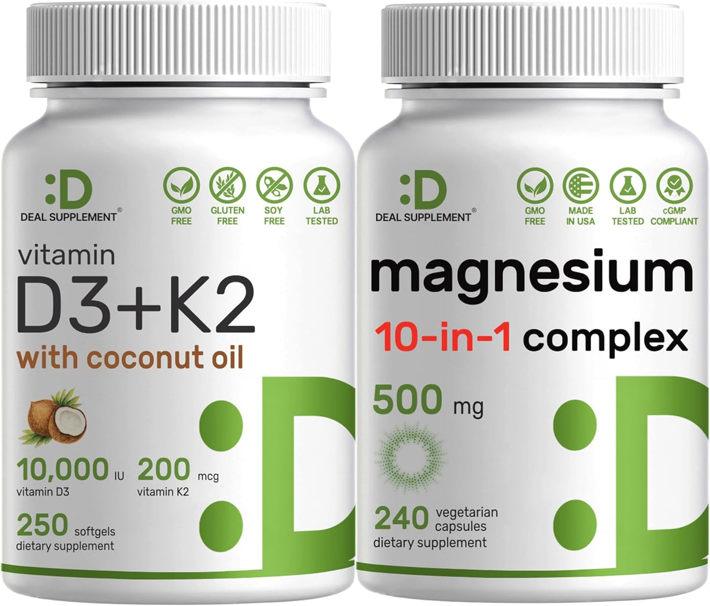 High Absorption Vitamin D3 and K2 Bundle with Magnesium Complex - Sunshine Vitamins with Coconut Oil - Chelated Minerals - 10-in-1 Formula