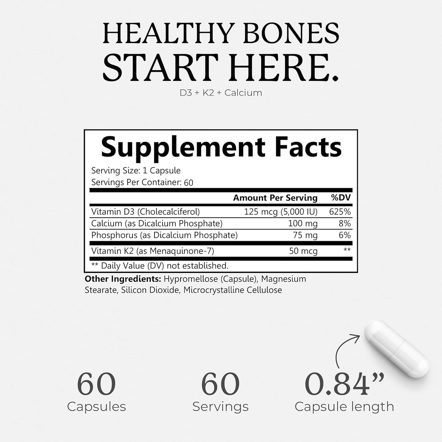 High Absorption Vitamin D3 K2 Complex with Calcium & Phosphorus - 5000 IU D3, MK-7 K2 - 60 Vegan Capsules