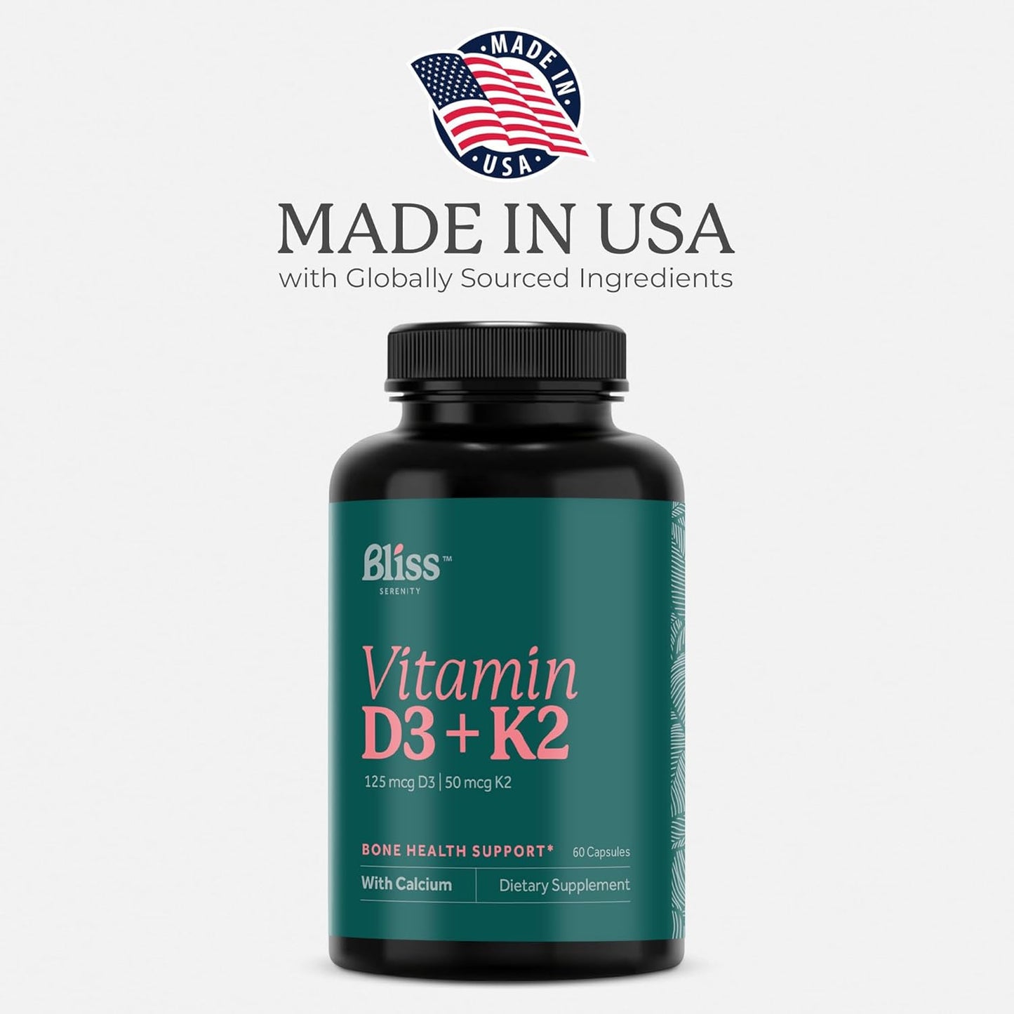 High Absorption Vitamin D3 K2 Complex with Calcium & Phosphorus - 5000 IU D3, MK-7 K2 - 60 Vegan Capsules