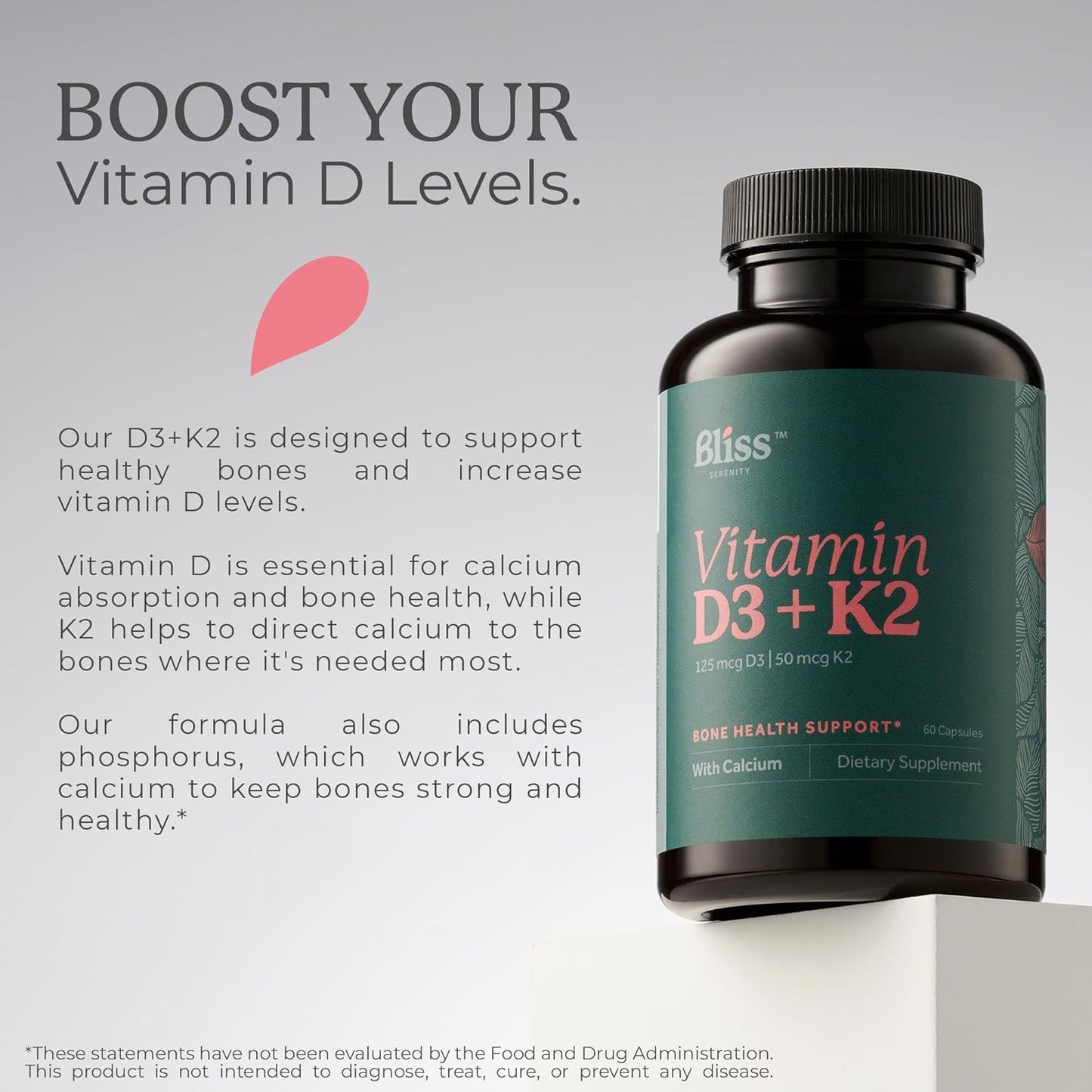 High Absorption Vitamin D3 K2 Complex with Calcium & Phosphorus - 5000 IU D3, MK-7 K2 - 60 Vegan Capsules