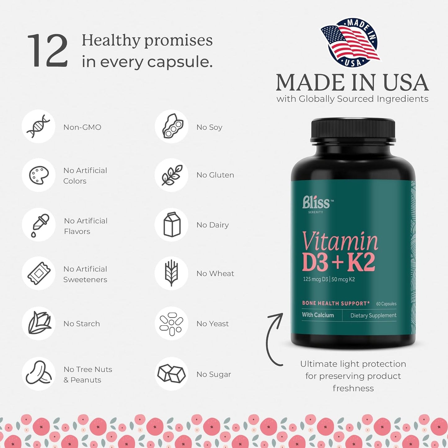 High Absorption Vitamin D3 K2 Complex with Calcium & Phosphorus - 5000 IU D3, MK-7 K2 - 60 Vegan Capsules