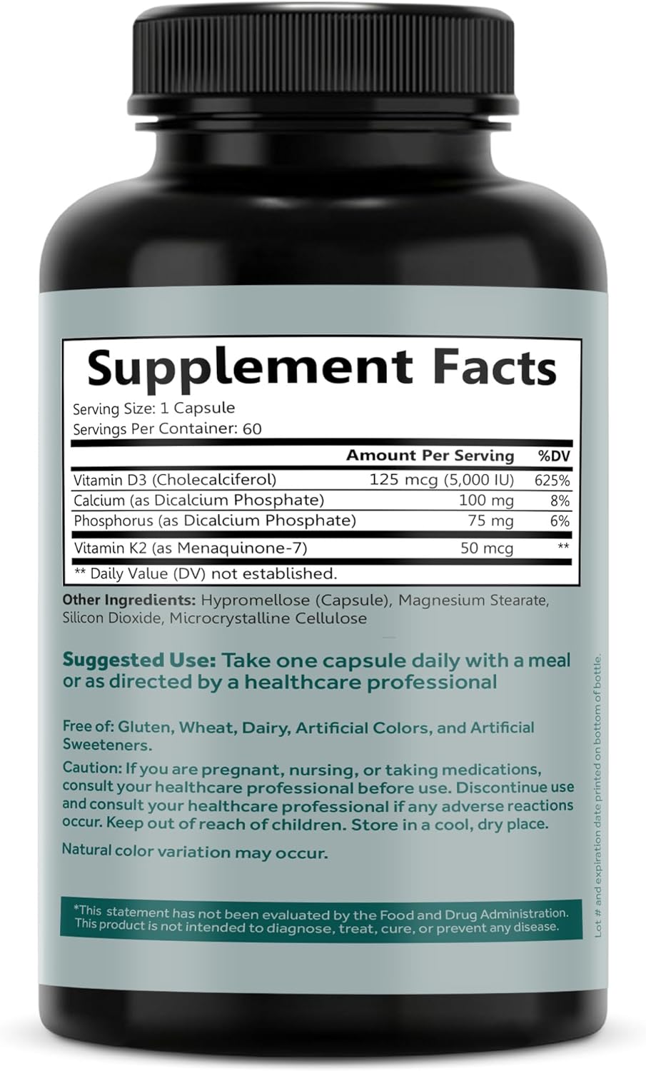 High Absorption Vitamin D3 K2 Complex with Calcium & Phosphorus - 5000 IU D3, MK-7 K2 - 60 Vegan Capsules