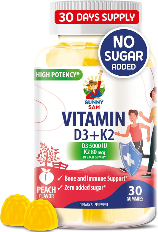 High-Absorption Vitamin D3 K2 Gummies 5000 IU for Immune & Bone Support - Sugar-Free, Vegan & Gluten-Free Gummy Supplement