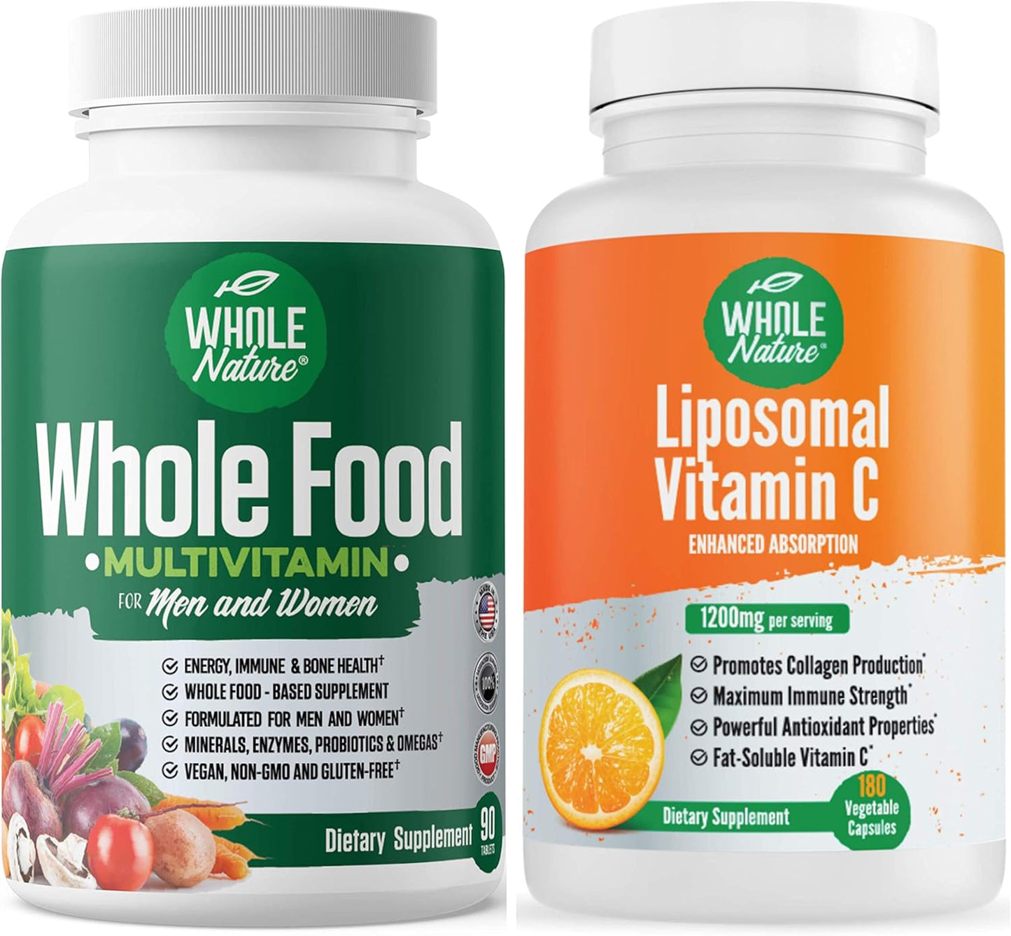 High Absorption Whole Nature Whole Food Multivitamin with Liposomal Vitamin C for Men and Women - Vegan Capsules