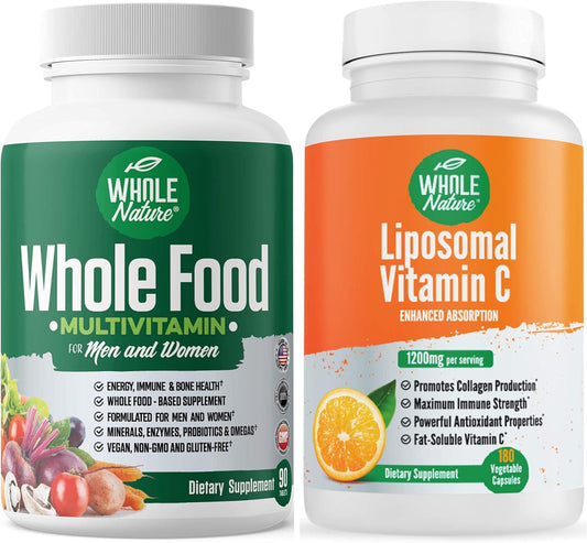 High Absorption Whole Nature Whole Food Multivitamin with Liposomal Vitamin C for Men and Women - Vegan Capsules