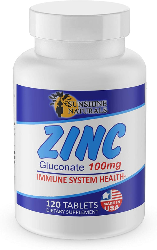 High Antioxidant 100mg Zinc Gluconate Supplement for Immune System and Skin Health - 120 Tablets