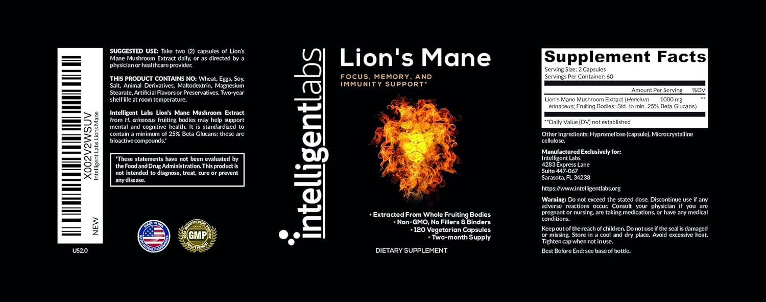 High Beta Glucan Lion's Mane Mushroom Capsules, Fruiting Body Extract, Grain-Free, 60-Day Supply