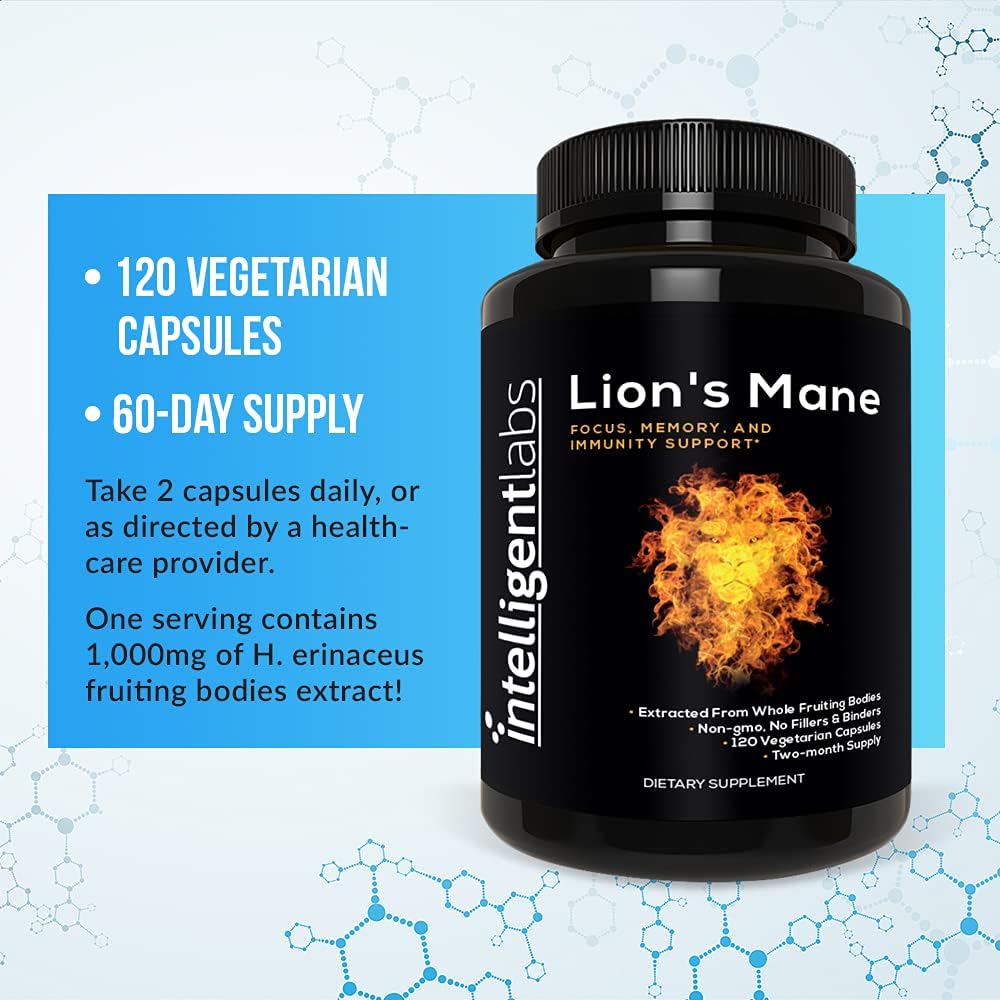 High Beta Glucan Lion's Mane Mushroom Capsules, Fruiting Body Extract, Grain-Free, 60-Day Supply