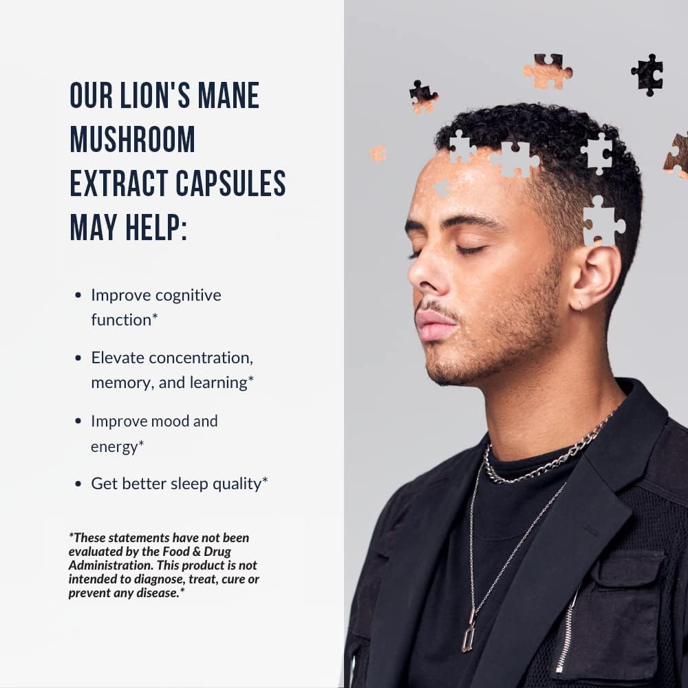 High Beta Glucan Lion's Mane Mushroom Capsules, Fruiting Body Extract, Grain-Free, 60-Day Supply