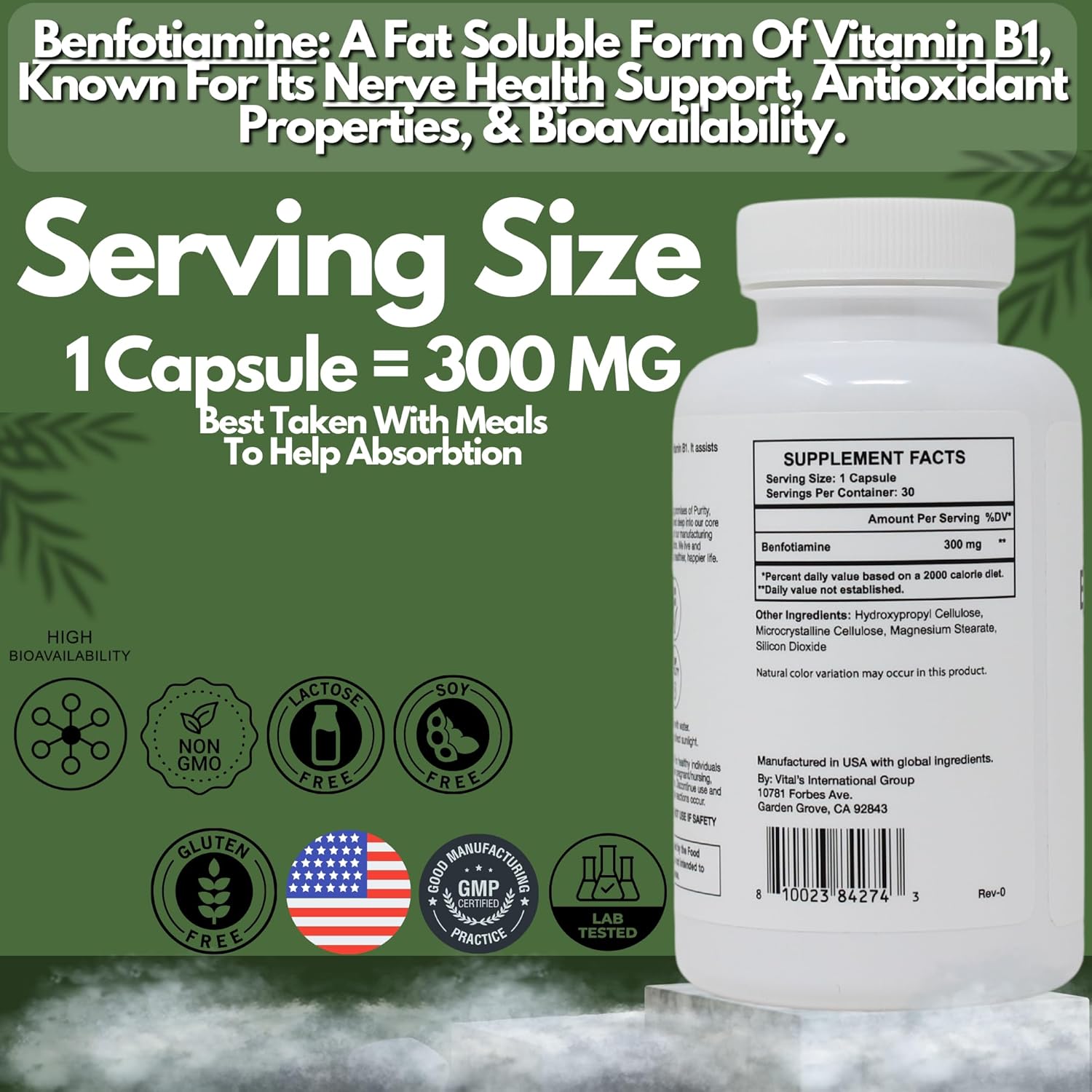 High Bioavailability Benfotiamine Supplement for Nerve Support - 300MG - 30 Day Supply - Vegan & Non-GMO - Pristine's