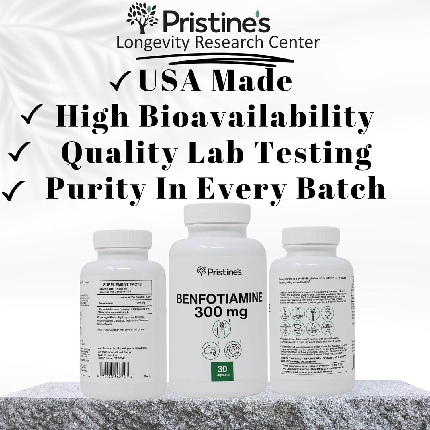 High Bioavailability Benfotiamine Supplement for Nerve Support - 300MG - 30 Day Supply - Vegan & Non-GMO - Pristine's