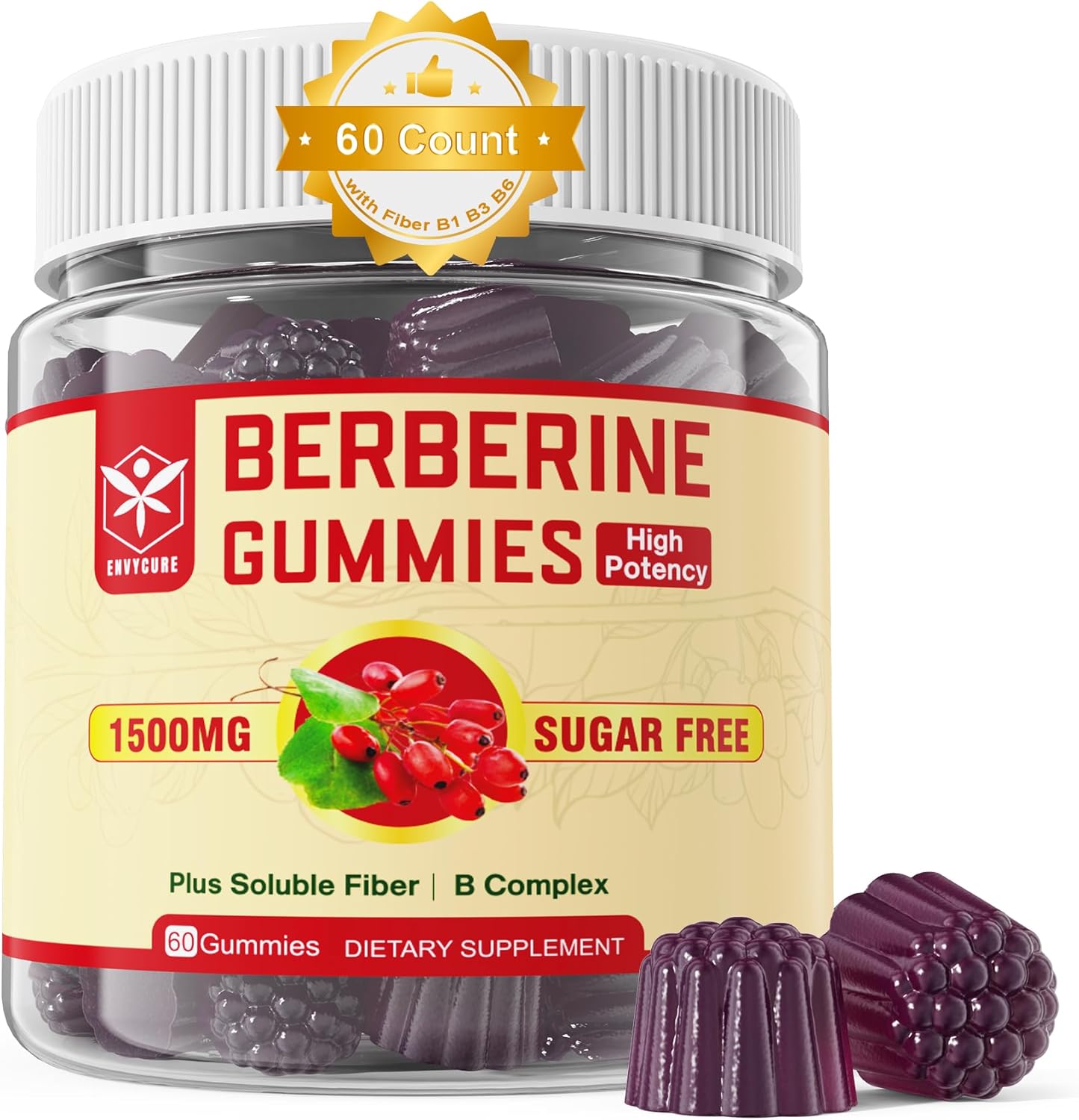 High Bioavailability Berberine Supplement Gummies with Soluble Fiber and B Vitamins for Metabolism Support - 60 Count