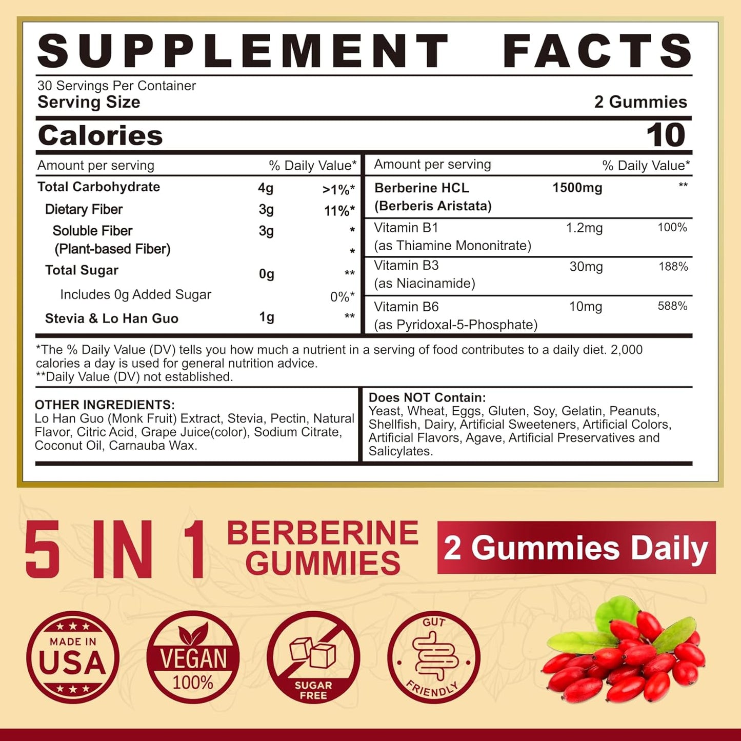 High Bioavailability Berberine Supplement Gummies with Soluble Fiber and B Vitamins for Metabolism Support - 60 Count
