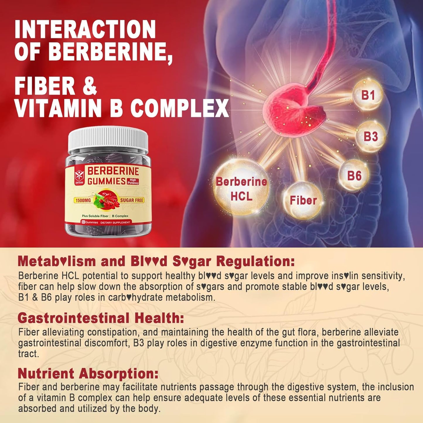 High Bioavailability Berberine Supplement Gummies with Soluble Fiber and B Vitamins for Metabolism Support - 60 Count