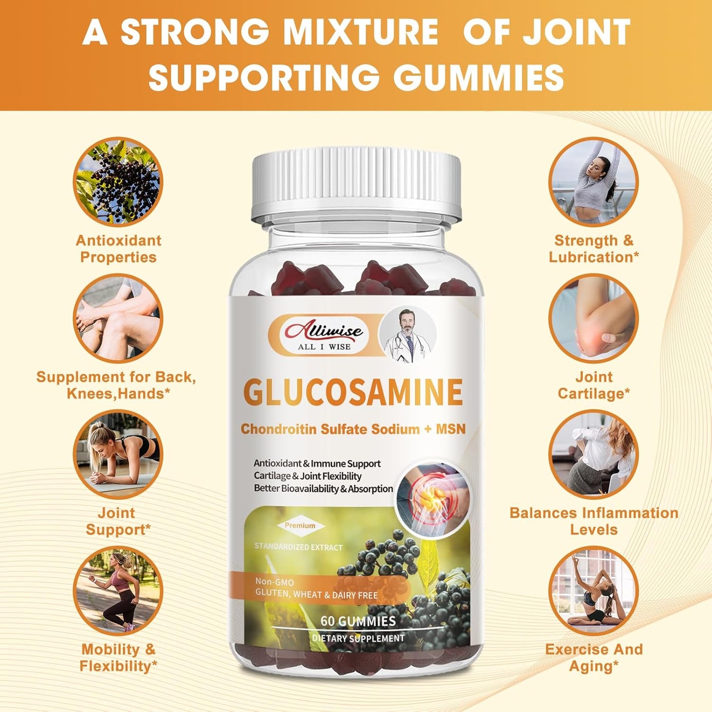 High Bioavailability Glucosamine Chondroitin MSM Gummies with Elderberry for Joint Health & Immune Support - Vegan Gift for Parents