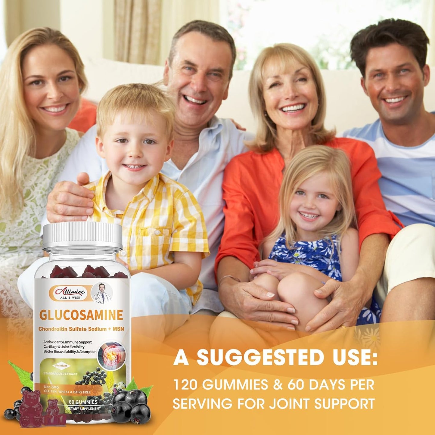 High Bioavailability Glucosamine Chondroitin MSM Gummies with Elderberry for Joint Health & Immune Support - Vegan Gift for Parents