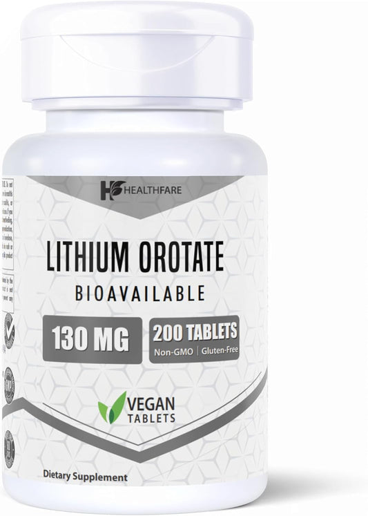 High Bioavailability Healthfare Lithium Orotate 130mg Supplement - 200 Tablets, Gluten-Free & Non-GMO