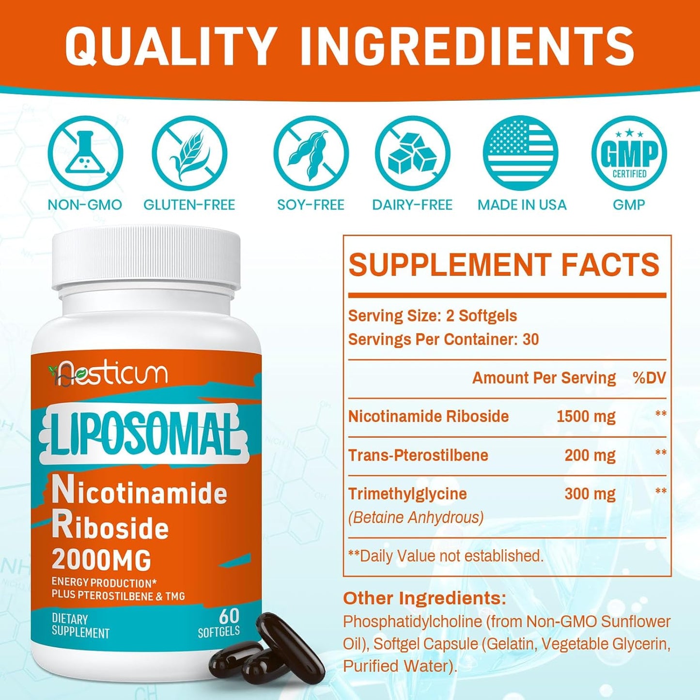 High Bioavailability NAD+ Boosting Supplement with TMG & Pterostilbene - 60 Softgels